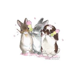 animal animal_ears animal_focus berry_jou colored_pencil_(medium) dango food highres holding holding_skewer no_humans original petals rabbit rabbit_ears sanshoku_dango simple_background skewer traditional_media twitter_username wagashi white_background