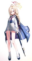 1girl absurdres ahoge arisaka ascot ayame_(blue_archive) blue_archive blue_haori bolt_action braid closed_mouth cobe gun hair_between_eyes hair_over_shoulder haori heterochromia highres holding holding_gun holding_weapon japanese_clothes long_hair looking_at_viewer pointy_ears purple_ascot purple_eyes rifle sandals shirt sidelocks single_braid skirt socks solo weapon white_shirt white_skirt white_socks yellow_eyes