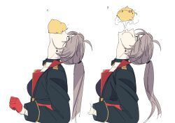 1girl ahoge aiguillette azur_lane baby_animal bird black_choker black_jacket breasts brown_hair chick choker closed_eyes collarbone earrings facing_up from_side gloves half_gloves hatski.sin high_ponytail highres jacket jean_bart_(azur_lane) jewelry long_hair long_sleeves looking_up manjuu_(azur_lane) medium_breasts multiple_views o-ring o-ring_choker ponytail red_gloves sidelocks simple_background upper_body white_background