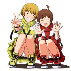 Rule 34 | 2girls, ahoge, blonde hair, blush, brown hair, closed eyes, commentary, commentary request, commission, crotch seam, enjoyful! (&amp;joyful!), facing viewer, fukuda noriko, grin, hand on another&#039;s shoulder, highres, idolmaster, idolmaster million live!, idolmaster million live! theater days, jacket, kinoshita hinata, layered skirt, lielos, long sleeves, miniskirt, multiple girls, open mouth, panties, pantyshot, partial commentary, pixiv commission, pleated skirt, red footwear, red skirt, shadow, shoes, short hair, side-by-side, simple background, skirt, smile, sneakers, squatting, sweatdrop, underwear, v, waving, white background, white panties, wristband, yellow jacket, yellow shoes