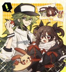 ! 1boy 1girl :3 ahoge bishounen black_coat black_shirt black_shorts border bow brown_hair chibi chibi_inset chromatic_aberration coat commission cowlick crossed_bangs double-parted_bangs fang feathered_hair gen_3_pokemon gradient_background green_hair grin hair_between_eyes hair_ornament hairpin hand_up happy highres holding holding_poke_ball jumping long_hair long_sleeves lower_eyelashes_only midair n_(pokemon) neckerchief nintendo open_clothes open_coat open_mouth orange_background outline outside_border plusle poke_ball pokemon pokemon_(creature) pokemon_bw red_bow red_eyes red_neckerchief red_scarf rounded_corners scarf shirt shorts side-by-side sleeve_bow sleeveless sleeveless_shirt sleeves_past_wrists smile spoken_character spoken_exclamation_mark two_side_up upper_body very_long_hair watermark white_shirt yaduyuzhi yellow_background yellow_outline