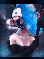 Rule 34 | 1girl, blue hair, breasts, breath, cleavage, crossed arms, elbow gloves, eyeliner, facing viewer, folding fan, frost, gloves, hair over one eye, hand fan, jewelry, long hair, looking at viewer, makeup, mask, medium breasts, necklace, nintendo, nu (ura mya pain), octoling, paper fan, parted lips, red eyes, see-through clothes, see-through mask, shiver (frostyfest) (splatoon), shiver (splatoon), smile, solo, splatoon (series), splatoon 3, star (sky), tentacle hair, upper body