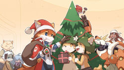 3girls 6+boys animal_ears blush bone_in_mouth boron_brioche box britz_strudel cat_boy cat_ears cat_girl chick_montblanc christmas christmas_tree closed_eyes closed_mouth commentary_request dog_boy dog_ears dog_girl dog_tail fangs furry furry_female furry_male gift gift_box hack_montblanc hammer hat highres holding holding_gift holding_hammer holding_sack holding_stuffed_toy jin_macchiato kabo_(kabo_lab) little_tail_bronx looking_at_another multiple_boys multiple_girls one_eye_closed open_mouth red_savarin sack santa_hat senjou_no_fuuga sheena_falafel smile socks_million solatorobo stuffed_toy sweatdrop tail topless_male translation_request wappa_charlotte