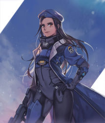 1girl aged_down ana_(overwatch) beret black_hair blue_sky brown_eyes captain_amari coat cowboy_shot dark-skinned_female dark_skin day emblem facial_mark facial_tattoo female_focus flat_chest gun hand_on_own_hip hat holding holding_gun holding_weapon jacket lino_chang long_hair looking_at_viewer official_alternate_costume outdoors overwatch overwatch_1 patch rifle sky smile smoke sniper_rifle solo tattoo trench_coat weapon