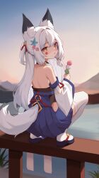 1girl :o absurdres animal_ear_fluff animal_ears bare_back bare_shoulders blue_hakama blue_sandals blush brown_eyes clothing_cutout commentary dango day detached_sleeves facial_mark flower food fox_ears fox_girl fox_tail from_behind hair_between_eyes hair_bobbles hair_flower hair_intakes hair_ornament hakama hakama_short_skirt hakama_skirt highres holding holding_food japanese_clothes long_hair long_sleeves looking_at_viewer looking_back on_railing original outdoors parted_lips pink_flower railing sandals sanshoku_dango sidelocks skirt sleeves_past_wrists solo squatting synring97 tail tail_through_clothes thighhighs very_long_hair wagashi water white_hair white_sleeves white_thighhighs wide_sleeves zouri