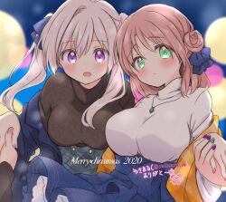 2girls black_shirt blue_ribbon blue_skirt blush brown_hair christmas commentary_request dated english_text green_eyes grey_hair grey_shirt hair_bun hair_ribbon high-waist_skirt highres holding_hands jewelry light_frown long_hair medium_hair merry_christmas miniskirt misa_aren multiple_girls necklace off_shoulder open_mouth orange_shawl original plaid_clothes plaid_skirt pov purple_eyes ribbon shawl shirt side-by-side single_side_bun skirt smile turtleneck twintails twitter_username