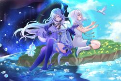 Rule 34 | 2girls, absurdres, bird, bird tail, bird wings, blue sky, blue thighhighs, blush, boots, breasts, closed eyes, closed mouth, cloud, crossed legs, dress, dual persona, elbow gloves, flower, genshin impact, gloves, guitar, hair between eyes, hair ornament, highres, holding, holding guitar, holding instrument, instrument, large breasts, long hair, looking at another, multiple girls, open mouth, red eyes, sitting, skirk (genshin impact), sky, sleeveless, sleeveless dress, smile, star (sky), starry sky, suzuori fika, tail, thighhighs, very long hair, wariza, white boots, white dress, white flower, white hair, wings