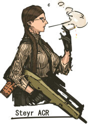 1girl advanced_combat_rifle_(military_program) advanced_individual_weapon_system_(military_program) advanced_infantry_weapon_system_(military_program) ammunition_pouch assault_rifle belt belt_pouch birdcage_flash_hider black_gloves braid breasts brown_hair bullpup burst_fire_gun burst_fire_rifle cigarette double-stack_magazine double-stack_single-feed_magazine female_focus glasses glasses_girl_(nameo) gloves gradient_background gun hair_over_shoulder highres holding holding_gun holding_weapon large_breasts lightning_holes long_gun long_hair long_sleeves looking_at_viewer magazine_(weapon) military military_program muzzle_device nameo_(judgemasterkou) necktie needlegun original parted_bangs poorly_drawn pouch prototype prototype_design rifle scope semi-rimless_eyewear shirt sight_(weapon) simple_background single-feed_magazine smoke smoking solo standing steyr_acr steyr_arms suspenders telescopic_sight trigger_discipline twin_braids under-rim_eyewear utility_belt weapon white_background