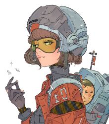1girl absurdres backpack bag brown_hair cat closed_mouth commentary elliemaplefox english_commentary gloves goggles grey_gloves hand_up helmet highres light_smile lips looking_at_viewer original pilot_helmet short_hair simple_background solo thermos tinted_eyewear torn_clothes torn_gloves upper_body white_background white_eyes yellow-tinted_eyewear