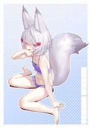 1girl absurdres agemmata animal_ear_fluff animal_ears arm_support barefoot bikini blush bob_cut character_name dripping fox_ears fox_girl fox_tail frilled_bandeau frilled_bikini frills full_body groin hair_ornament heart heart_hair_ornament highres large_tail looking_at_viewer navel open_mouth phase_connect pink_eyes purple_bikini short_eyebrows short_hair sitting solo spaghetti_strap swimsuit tail tenma_maemi thick_eyebrows virtual_youtuber wariza wet white_hair white_tail