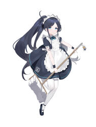 1girl absurdres apron aris_(blue_archive) aris_(maid)_(blue_archive) black_dress black_hair black_shoes blue_archive blue_eyes commentary dress frilled_apron frills full_body highres holding holding_mop kei_(robot)_(blue_archive) long_hair looking_at_viewer maid maid_apron maid_headdress mop no_halo official_alternate_costume pantyhose ringed_eyes shoes short_sleeves simple_background solo standing standing_on_one_leg tabris_(pixiv_98267348) white_apron white_background white_pantyhose