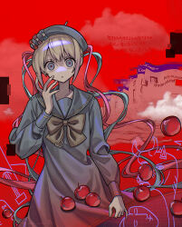 1girl apple beret blonde_hair blue_bow blue_eyes blue_hair blue_hat bow chouzetsusaikawa_tenshi-chan cloud commentary_request cubism_(needy_girl_overdose) dress food fruit glitch hand_up hat highres long_hair long_sleeves looking_at_viewer lyrics multicolored_hair needy_girl_overdose official_alternate_costume okai_yuda pink_bow pink_hair purple_bow quad_tails red_background red_sky sailor_collar sailor_dress skirt_hold sky solo standing window_(computing)