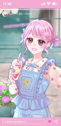 1girl battery_indicator blue_bow blue_bowtie blue_ribbon blue_skirt blue_vest bow bowtie brown_eyes bush childhood_moments_(infinity_nikki) cobblestone collared_shirt commentary_request cowboy_shot cup day disposable_cup dot_nose double_bun drink drinking_straw eyelashes eyeshadow floral_print flower frilled_ribbon frilled_sleeves frilled_vest frills grin hair_bun hair_ornament hair_ribbon happy heart heart_hair_ornament highres holding holding_drink infinity_nikki light_blush light_particles lipstick looking_at_viewer makeup milkshake momo_(nikki) nail_polish neneko_(nnk_suimin) nikki_(nikki) nikki_(series) outdoors pink_eyeshadow pink_flower pink_hair pink_lips pink_nails pocket ribbon selfie shirt shop short_hair skirt skirt_set smile social_network solo standing sunflower text_messaging translation_request vest white_shirt