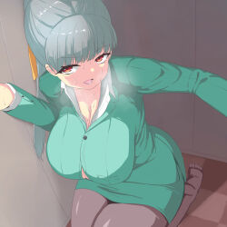 1girl breasts clothes female_focus large_breasts long_hair looking_at_viewer open_mouth original ponytail pt red_eyes solo sweat