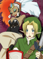 1boy 1girl blonde_hair blue_eyes breasts dark-skinned_female dark_skin fiery_hair fire ice link long_hair nintendo pointy_ears red_hair shield silver_hair sword the_legend_of_zelda the_legend_of_zelda:_ocarina_of_time twinrova twintails weapon