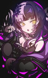 1girl black_choker black_coat black_dress black_hair black_nails breasts choker cleavage coat dress from_above fur-trimmed_coat fur_trim grey_hair hair_ornament hashtag-only_commentary highres hololive hololive_english jewelry kikkasoon looking_at_viewer medium_breasts multicolored_hair open_mouth purple_coat ring shiori_novella shiori_novella_(1st_costume) solo split-color_hair two-sided_coat two-sided_fabric two-tone_hair virtual_youtuber yellow_eyes