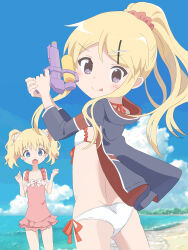 2girls alice_cartelet ass beach bikini blonde_hair blue_eyes blue_jacket blue_sky casual_one-piece_swimsuit cloud cowboy_shot day hair_ornament hairclip highres hood hooded_jacket horizon jacket kaki_xxx kin-iro_mosaic kujou_karen loli looking_at_viewer looking_back multiple_girls ocean one-piece_swimsuit outdoors pink_one-piece_swimsuit ponytail purple_eyes sky swimsuit twintails water_gun white_bikini