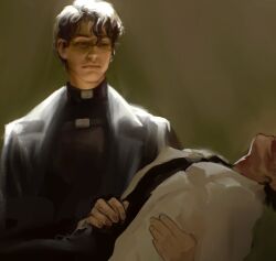 2boys :| backlighting black_coat black_hair black_shirt blood blood_on_face carrying closed_mouth coat disappointed hair_between_eyes hand_on_own_stomach head_out_of_frame implied_death kim_dokja leaning_back looking_at_another macaronijail male_focus multiple_boys omniscient_reader&#039;s_viewpoint popped_collar princess_carry shirt short_hair upper_body white_coat yoo_joonghyuk