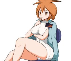 1girl arm_under_breasts brigette_(pokemon) chair creatures_(company) dress finger_to_mouth game_freak highres index_finger_raised jacket jacket_on_shoulders kaimu_(qewcon) looking_at_viewer nintendo on_chair orange_eyes orange_hair panties pantyshot pokemon pokemon_bank short_hair sitting sleeveless sleeveless_dress smile solo underwear white_background white_panties