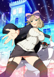 1girl architecture black_garter_straps black_jacket black_skirt black_thighhighs blush bow breasts brown_hair building castle casual cleavage cleavage_cutout clothing_cutout curly_hair garter_straps green_eyes hair_bow hair_ribbon haruka_(senran_kagura) jacket lab_coat large_breasts lens_flare light_particles light_rays looking_at_viewer night night_sky non-web_source official_art open_mouth outdoors outstretched_arms pencil_skirt pink_bow reaching reaching_towards_viewer red_thighhighs ribbed_sweater ribbon robot senran_kagura senran_kagura_new_wave senran_kagura_shoujo-tachi_no_shin&#039;ei shiny_skin short_hair skirt sky smile snowflakes solo spread_arms star_(sky) starry_sky striped_clothes striped_thighhighs sweater swept_bangs teeth thighhighs tongue tower turtleneck turtleneck_sweater two-tone_thighhighs upper_teeth_only white_sweater window yaegashi_nan
