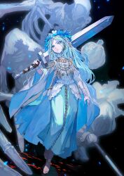 1girl barefoot black_background blue_eyes blue_hair blue_skirt braid closed_mouth doll_joints elden_ring elden_ring_nightreign facing_viewer full_body head_wreath highres holding holding_sword holding_weapon jewelry joints lack looking_at_viewer low_twin_braids revenant_(elden_ring) shirt signature skeleton skirt solo spirit sword twin_braids veil weapon white_shirt white_veil