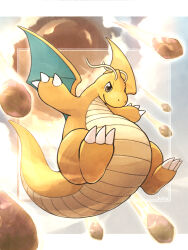 antennae brown_eyes claws closed_mouth colored_skin creatures_(company) draco_meteor_(pokemon) dragon dragon_wings dragonite flying game_freak gen_1_pokemon grey_eyes highres horns knhb_tail long_tail nintendo no_humans orange_skin pokemon pokemon_(creature) pokemon_focus single_horn smile tail wings