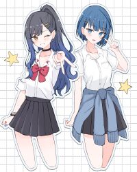 2girls absurdres azuki_(az_my) black_hair black_skirt blue_eyes blue_hair blue_nails blush bow bowtie clothes_around_waist collared_shirt commentary_request cowboy_shot gradient_hair grid_background grin hair_ornament hairclip highres jacket jacket_around_waist kiritani_haruka multicolored_hair multiple_girls nail_polish one_eye_closed outline parted_lips pleated_skirt project_sekai red_bow red_bowtie shiraishi_an shirt shirt_tucked_in skirt smile star_(symbol) two-tone_hair v w white_outline white_shirt