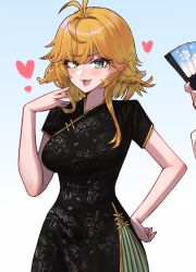 Rule 34 | 1girl, absurdres, ahoge, alternate costume, aqua eyes, black dress, blonde hair, blue background, china dress, chinese clothes, cowboy shot, dokibird, dress, gradient background, hand on own hip, heart, highres, hikamio, indie virtual youtuber, looking at viewer, medium hair, open mouth, pointy ears, smile, solo, virtual youtuber, white background