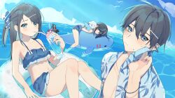 1boy 1girl 2girls beach brother_and_sister inemu_(1nem5u) male_focus multiple_girls ocean original siblings water
