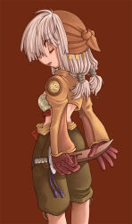 1girl 2000s_(style) bra breasts brown_background brown_bandana brown_eyes brown_gloves brown_jacket brown_shorts commentary_request cowboy_shot dagger from_behind gloves holding holding_dagger holding_knife holding_weapon jacket knife long_sleeves looking_at_viewer looking_back medium_breasts open_mouth pelnya ragnarok_online reverse_grip shorts shrug_(clothing) simple_background smile solo thief_(ragnarok_online) underwear weapon white_bra white_hair