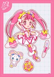 Rule 34 | 1girl, :o, bag bow, blunt bangs, boots, border, bow, brooch, cure star, deformed, dot nose, dotted line, dress, earrings, full body, fur-trimmed boots, fur trim, fur wrist cuffs, fuwa (precure), glowstick, gold earrings, grey background, grid background, hair ornament, hair scrunchie, hand on own head, highres, hoop earrings, hoshina hikaru, jewelry, long hair, looking at viewer, magical girl, open mouth, outline, penlight (glowstick), petticoat, pink bag, pink boots, pink border, pink dress, pink eyes, pink hair, pink thighhighs, pleated dress, precure, red bow, scrunchie, short dress, short sleeves, signature, single thighhigh, star (symbol), star button, star hair ornament, star print, star twinkle precure, tareme, thighhighs, uwded 207, very long hair, waist bag, white outline, white sleeves, white wrist cuffs, wrist cuffs, yellow scrunchie
