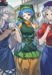 Rule 34 | 3girls, apron, blue dress, blue hair, blue hat, commission, dress, green apron, grey hair, haniyasushin keiki, hat, kamishirasawa keine, long hair, multiple girls, red eyes, second-party source, shishui guima, smile, spiked hair, touhou, yagokoro eirin