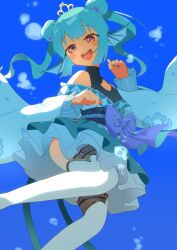 1girl :d absurdres aqua_hair aqua_nails ass bare_shoulders blush_stickers breasts bubble cleavage cleavage_cutout clothing_cutout commentary crown double_bun dress english_commentary finana_ryugu finana_ryugu_(2nd_costume) fins hair_bun head_fins highres japanese_clothes kimono nijisanji nijisanji_en obi off-shoulder_dress off_shoulder open_mouth pekkori-san purple_eyes sash small_breasts smile solo thighhighs twintails underwater virtual_youtuber zettai_ryouiki