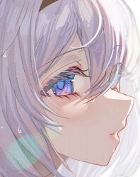 1girl absurdres black_hairband blue_pupils close-up devl_ga_aru firefly_(honkai:_star_rail) from_side gradient_eyes grey_hair hair_between_eyes hairband highres honkai:_star_rail honkai_(series) multicolored_eyes simple_background solo wet_face white_background
