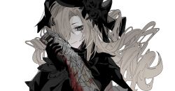 Rule 34 | 1boy, 1girl, arlizi, black dress, black flower, black gloves, black hat, black rose, blood, blood on armor, blue eyes, brown hair, closed mouth, curly hair, dress, empty eyes, fate/grand order, fate (series), flower, gauntlets, gloves, guided hand on cheek, guiding hand, hair over one eye, hair spread out, hand on another&#039;s cheek, hand on another&#039;s face, hat, highres, holding another&#039;s wrist, kriemhild (fate), kriemhild (first ascension) (fate), long hair, long sleeves, looking at viewer, mole, mole under eye, multiple moles, rose, siegfried (fate), simple background, smile, solo focus, tear stain, upper body, veil, white background