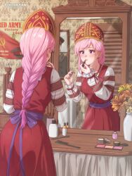 Rule 34 | 1girl, absurdres, applying lipstick, applying makeup, bead necklace, beads, braid, cosmetics, cossack, dress, highres, jewelry, kepincox, lipstick, makeup, mirror, necklace, original, pink hair, portrait (object), purple eyes, red dress, reflection, solo, soviet, table, twitter username, yukino yuna (kepincox)
