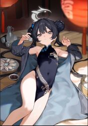 Rule 34 | 1girl, bare shoulders, black dress, black hair, blue archive, china dress, chinese clothes, coat, covered navel, double bun, dragon print, dress, dumpling, flat chest, food, grey eyes, hair bun, halo, highres, kisaki (blue archive), lantern, long hair, looking at viewer, lying, on back, open clothes, open coat, paper lantern, parted lips, print dress, smilesmile1312, solo, twintails