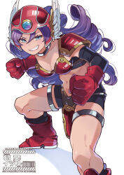 Rule 34 | 1girl, abs, armor, bandeau, bikini armor, black bandeau, black shorts, black sleeves, blue eyes, breasts, cleavage, clenched hand, collar, commentary request, curly hair, detached sleeves, dragon quest, dragon quest iii, fighting stance, foot out of frame, gloves, grin, hair between eyes, helmet, highres, kuzuno ha, legs apart, long hair, medium breasts, metal collar, navel, outstretched arms, pelvic curtain, purple hair, red armor, red gloves, red helmet, shorts, silver thighlet, simple background, smile, solo, stomach, toned, toned female, warrior (dq3), watermark, white background, winged helmet