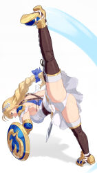 1girl absurdres ahoge armor ass blonde_hair blue_eyes boots braid breasts dress full_body greco-roman_clothes highres holding holding_weapon large_breasts laurel_crown long_hair looking_at_viewer looking_back one_leg_raised panties pantyshot parted_lips pauldrons shadow shield shoulder_armor sideboob simple_background sophitia_alexandra soul_calibur split standing standing_on_one_leg standing_split sword thigh_boots underwear very_long_hair weapon white_background white_dress white_panties yagi2013