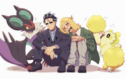 2boys ? batabiru black_hair black_pants black_suit blonde_hair blue_necktie closed_eyes collared_shirt crying dated film_grain formal_clothes full_body game_freak gen_6_pokemon gen_7_pokemon green_jacket grey_hair grey_pants grey_shirt hands_on_own_knees hassel_(pokemon) highres jacket larry_(pokemon) long_sleeves male_focus medium_hair multicolored_hair multiple_boys necktie nintendo noivern open_clothes open_jacket open_mouth oricorio oricorio_(pom-pom) pants parted_bangs pokemon pokemon_(creature) pokemon_sv red_necktie shirt short_hair sitting streaked_hair suit suit_jacket thick_eyebrows twitter_username two-tone_hair