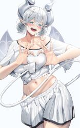 1girl blush breasts cleavage collarbone demon_girl demon_horns demon_wings duel_monster four-finger_heart_hands heart heart-shaped_boob_challenge heart_hands highres horns large_breasts looking_at_viewer lovely_labrynth_of_the_silver_castle low_wings navel nipple_press nipple_stimulation nipples open_mouth pointy_ears sayaka_ikku simple_background smile solo thighs twintails white_background white_horns wings yu-gi-oh!