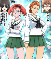 1boy 3girls adjusting_eyewear alternate_costume annqi backlighting black_hair black_hairband black_neckerchief blouse blue_eyes blunt_bangs brown_hair closed_mouth colorful_background commentary constricted_pupils crossed_arms crossover earrings eyeliner girls_und_panzer green_skirt gundam gundam_gquuuuuux hair_pulled_back hairband hand_on_own_hip highres hoop_earrings jewelry kycilia_zabi long_hair long_sleeves looking_at_viewer makeup miniskirt multiple_girls neckerchief nishizumi_shiho omachi_(slabco) ooarai_school_uniform open_mouth pleated_skirt ponytail red_hair sailor_collar school_uniform serafuku shirt short_hair short_ponytail side-by-side skirt sparkle standing stud_earrings sunglasses sweatdrop translated white_sailor_collar white_shirt xavier_olivette
