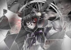 1girl akemi_homura akemi_homura_(magical_girl) black_hair blood broken_glass bullet clock glass gun gunshot gunshot_wound highres kaname_madoka magical_girl mahou_shoujo_madoka_magica mahou_shoujo_madoka_magica_(anime) pink_hair red_ribbon ribbon suicide tears weapon yukiart_83