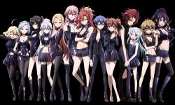 10s 6+girls absurdres ahoge akuma_no_riddle asymmetrical_legwear azuma_tokaku banba_mahiru bare_shoulders barefoot belt black_dress black_eyes black_footwear black_gloves black_hair black_hairband black_legwear black_shirt black_shorts black_skirt blue_eyes blue_hair bodysuit boots breasts brown_eyes brown_hair cleavage cleavage_cutout clothing_cutout collar collarbone contrapposto crossed_arms detached_sleeves dress drill_hair fingerless_gloves fingernails flat_chest full_body glasses gloves grin groin hair_between_eyes hair_ornament hairband hanabusa_sumireko hand_on_another&#039;s_head hand_on_own_hip hashiri_nio high_heel_boots high_heels high_ponytail highres holding holding_hands ichinose_haru interlocked_fingers inukai_isuke kaminaga_kouko kenmochi_shiena kirigaya_hitsugi knee_boots lace-up_boots large_breasts leg_up locked_arms long_hair maid_headdress medium_breasts midriff miniskirt multiple_girls namatame_chitaru navel one_eye_closed open_clothes open_mouth open_shorts pantyhose pink_hair pleated_skirt ponytail red_eyes sagae_haruki scarf scissors shiny_clothes shirt short_hair short_shorts short_twintails shorts shutou_suzu silver_hair skirt smile socks standing strapless strapless_dress takechi_otoya thigh_boots thighhighs tongue transparent_background twin_drills twintails two_side_up uneven_legwear unzipped w yellow_eyes zipper