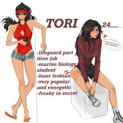 1girl black_eyes black_hair black_shorts cellphone character_profile commentary english_commentary english_text flip-flops heart highres holding holding_phone jacket lesbian_flag lifeguard long_hair long_sleeves multiple_views one-piece_swimsuit original phone ponytail red_jacket red_one-piece_swimsuit sandals seijousai shoes short_shorts shorts signature sitting smartphone swimsuit tori_(seijousai) visor_cap whistle whistle_around_neck white_shoes white_sneakers