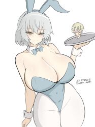 2girls aila_paivikki_linnamaa animal_ears blonde_hair blue_bow blue_bowtie blue_leotard blush bowtie braid breasts closed_mouth covered_navel fake_animal_ears large_breasts leotard long_hair looking_at_viewer luminous_witches lyudmila_andreyevna_ruslanova multiple_girls pantyhose playboy_bunny rabbit_ears short_hair simple_background smile twin_braids unkai_daraku white_background white_hair white_pantyhose world_witches_series yellow_eyes
