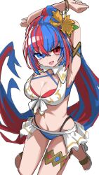 Rule 34 | 1girl, aaaakunaaaa, bikini, blue bikini, blue eyes, blue hair, breasts, cleavage, criss-cross halter, crossed bangs, female alear (fire emblem), female alear (seaside dragon) (fire emblem), fire emblem, fire emblem engage, fire emblem heroes, gold armlet, gold thighlet, halterneck, heterochromia, highres, large breasts, long hair, looking at viewer, multicolored hair, nintendo, official alternate costume, official alternate hairstyle, ponytail, red bikini, red eyes, red hair, showgirl skirt, solo, split-color hair, swimsuit, two-tone hair, very long hair, white bikini