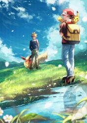 2boys absurdres backpack bag black_jacket blue_oak blue_pants cloud commentary_request day falling_petals flareon gen_1_pokemon hat highres jacket male_focus multiple_boys nintendo outdoors pants petals pikachu pokemon pokemon_hgss red_(pokemon) red_hat red_vest reflection shirt shiruko_(s1ruko) shoes short_hair short_sleeves sky spiked_hair standing vest water yellow_bag