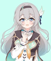 1girl absurdres blue_ribbon blush brown_hairband collared_dress cropped_jacket dress firefly_(honkai:_star_rail) gradient_hair green_background green_pupils grey_hair hair_between_eyes hair_intakes hair_ornament hair_ribbon hairband highres honkai:_star_rail honkai_(series) multicolored_eyes multicolored_hair neckerchief numi1296205 open_mouth orange_neckerchief ribbon smile solo two-tone_eyes white_dress