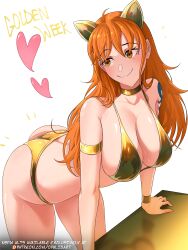 1girl absurdres ahoge animal_ears arm_rest arm_tattoo ass bent_over bikini breasts brown_eyes cat_ears cleavage gold_bikini gold_choker golden_week heart highres large_breasts nami_(one_piece) one_piece opalis orange_hair simple_background smile solo swimsuit table tattoo white_background